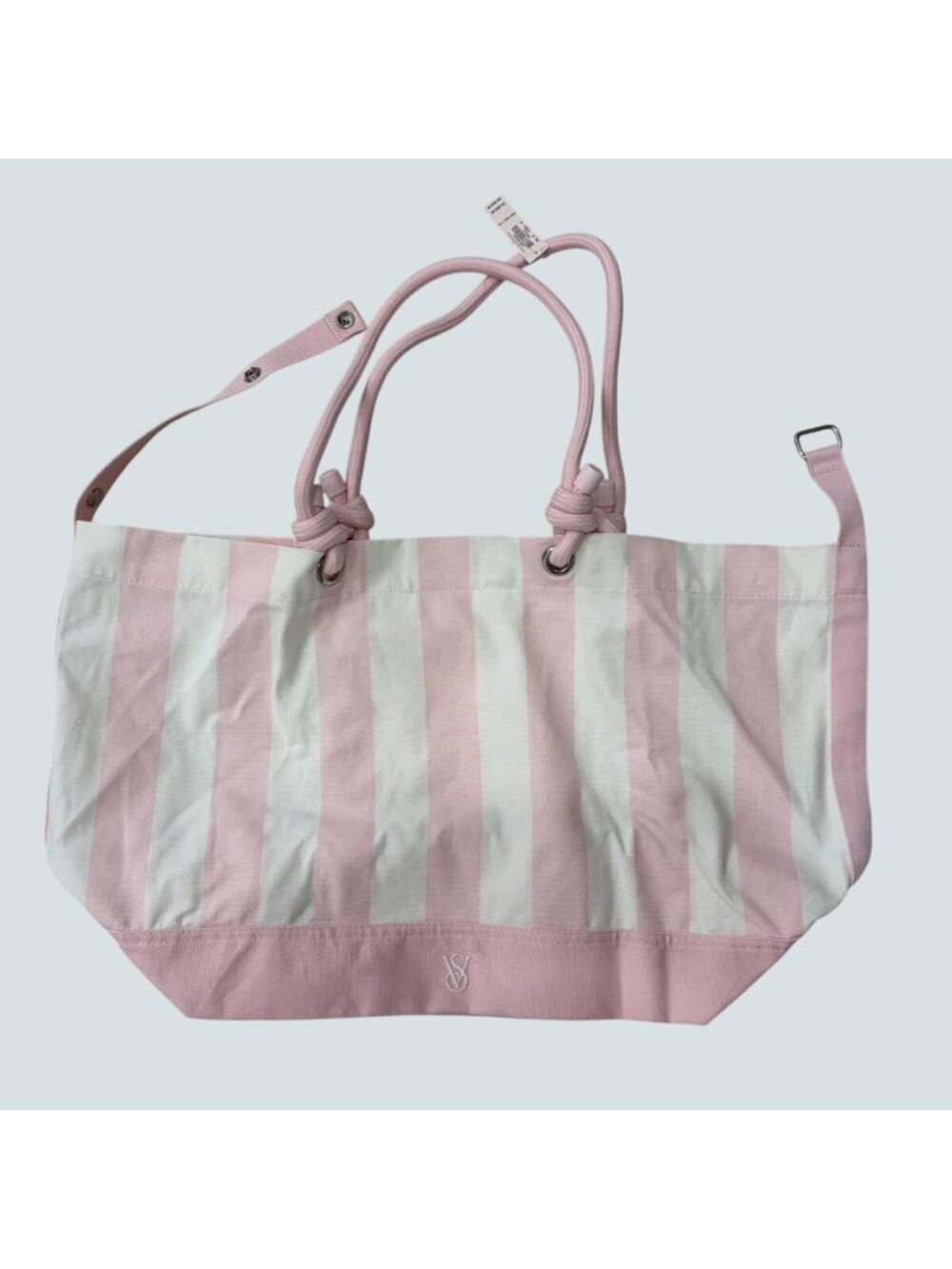 Victorias Secret Pink & White Striped Canvas Tote Bag With Rope Handles - Picture 3 of 6